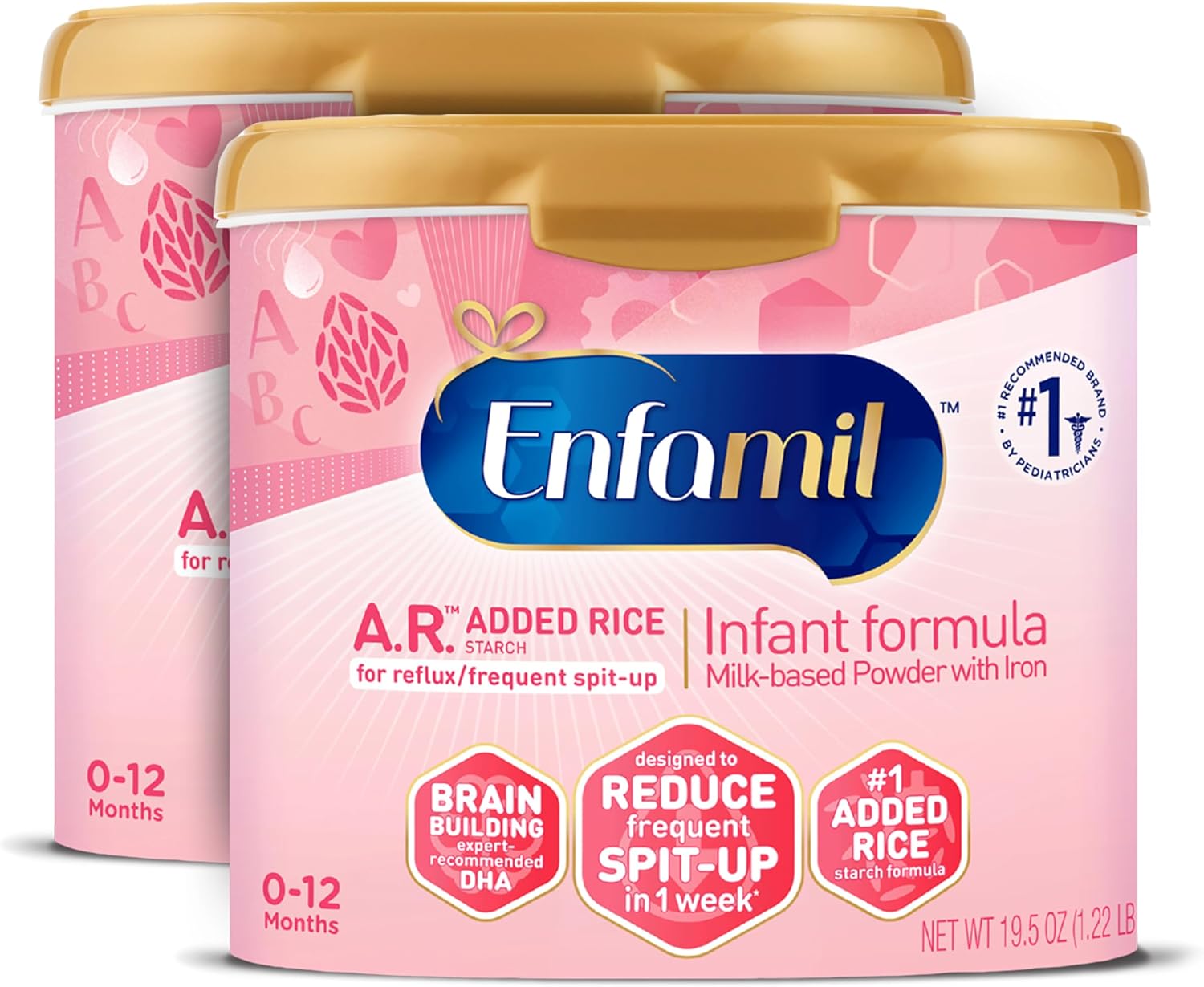 Enfamil A.R. Infant Formula, Reduces Reflux & Spit-Up, DHA for Brain Development, Probiotics to Support Digestive & Immune Health, Reusable Powder Tub, 19.5 Oz (Pack of 2)