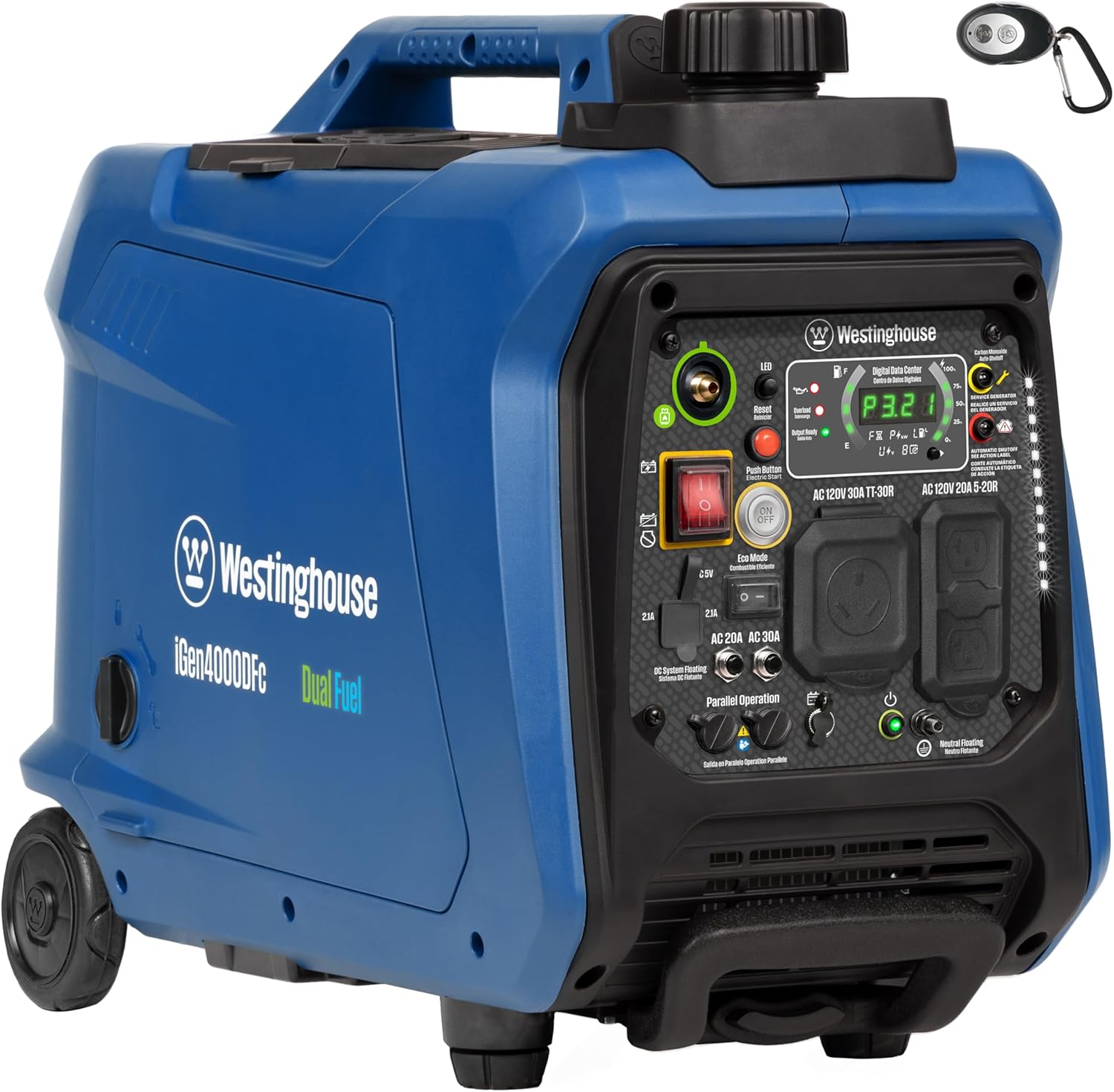 Westinghouse Outdoor Power Equipment 4000 Peak Watt Super Quiet Dual Fuel Portable Inverter Generator, Remote Electric Start, Gas & Propane Powered, RV Ready, CO Sensor, Parallel Capable