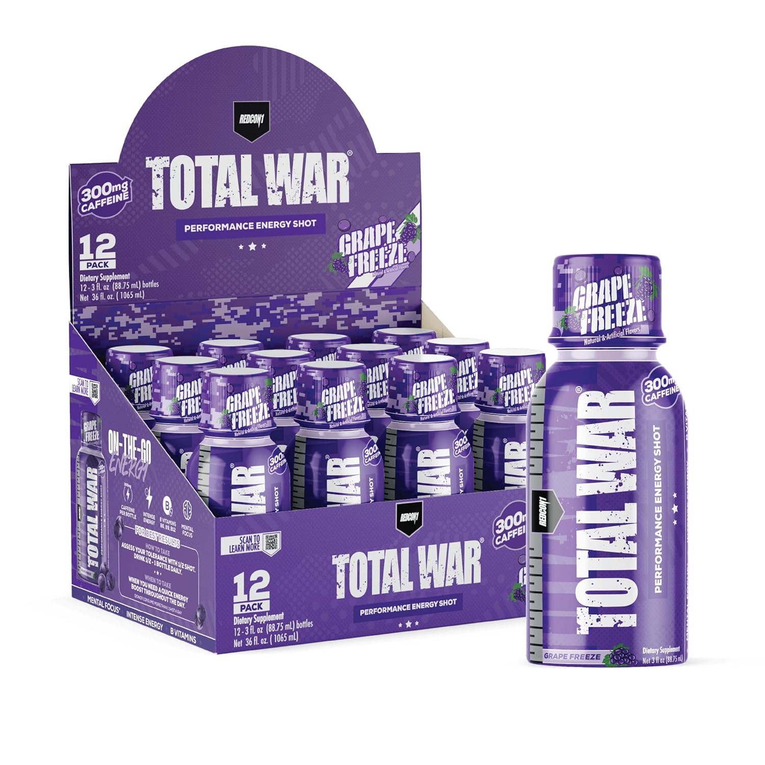 REDCON1 Total War Pre Workout Energy Shots – 300mg Caffeine Shots with B Vitamins & 0 Sugar – Long-Lasting Energy Shot for Focus Support – Fuel Your Workout or Workday – Grape Freeze (12 Count)