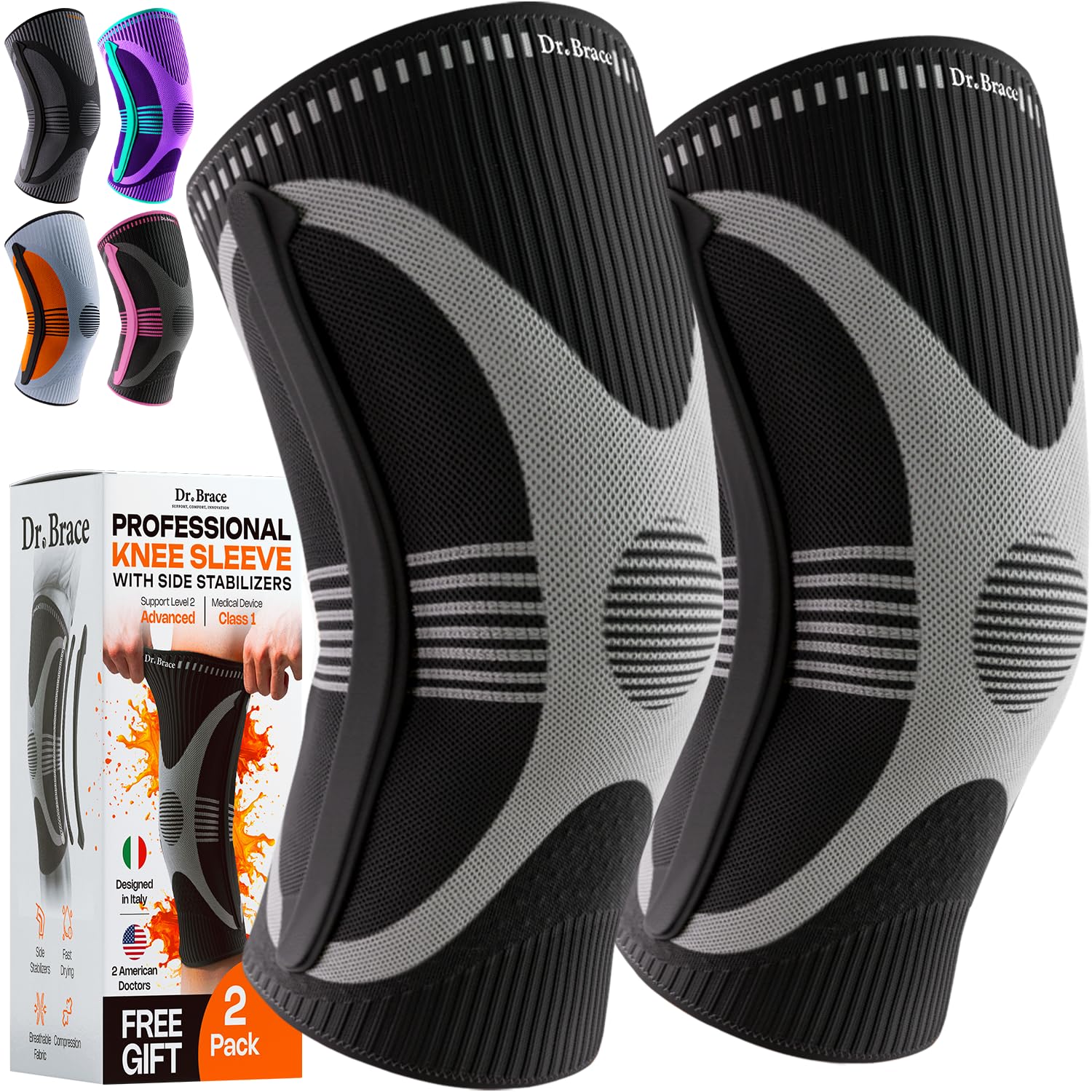 DR. BRACE ELITE Knee Brace with Size Stabilizer (2 Pack) Knee Brace for Women & Men, Workout, Sports, Daily Knee Compression Sleeve for Maximum Knee Pain Support & Fast Recovery (Mercury, X-Large)