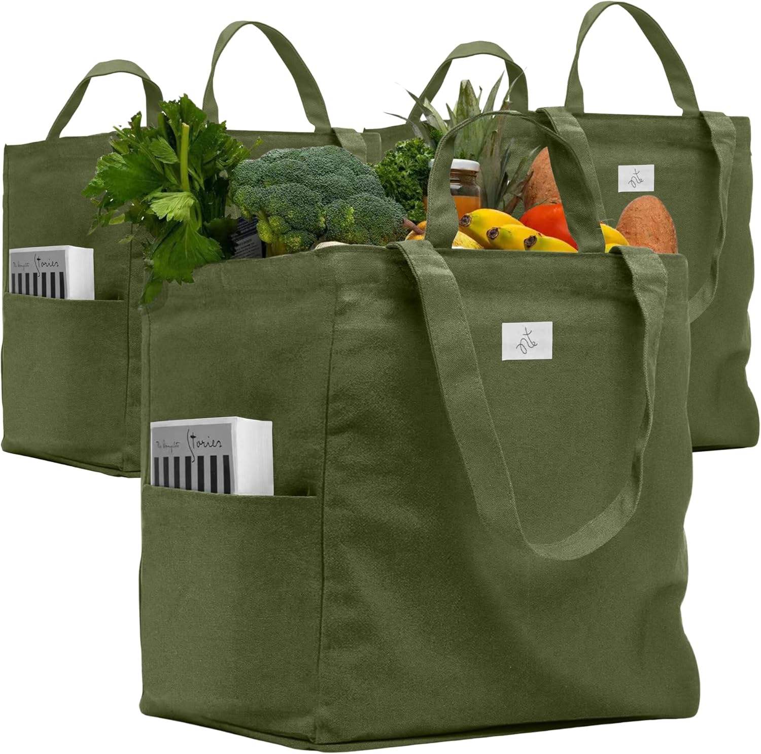 Heavy Duty Reusable Grocery Bags – 100% Cotton 12Oz Canvas Grocery Bags with Handles, Large Kitchen Grocery Bags, Reusable Shopping Bags for Groceries, Grocery Tote Bag, Foldable Market Bag (Army)