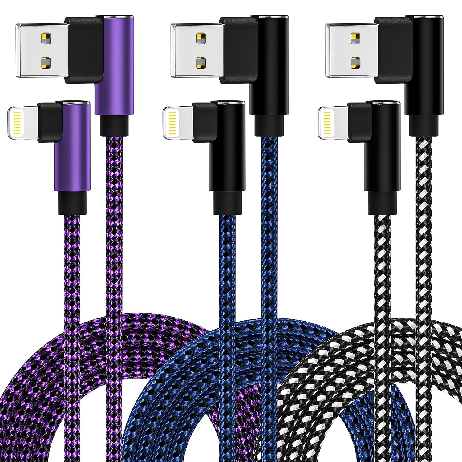 iPhone Charger 10 ft 3 Pack Lightning Cable Apple MFi Certified 90 Degree Fast Charging Cord Nylon Braided Long iPhone Cable Compatible with iPhone 14 13 12 11 Pro Max XR XS X 8 7 6 Plus SE iPad