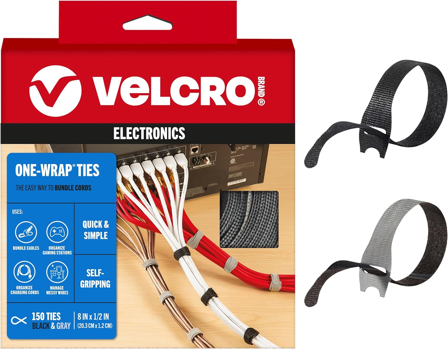 VELCRO Brand 150pk Cable Ties Value Pack | Replace Zip Ties with Reusable Straps, Reduce Waste | For Wire Management and Cord Organizer | 8 x 1/2″ Thin Pre-Cut Design, Black and Gray