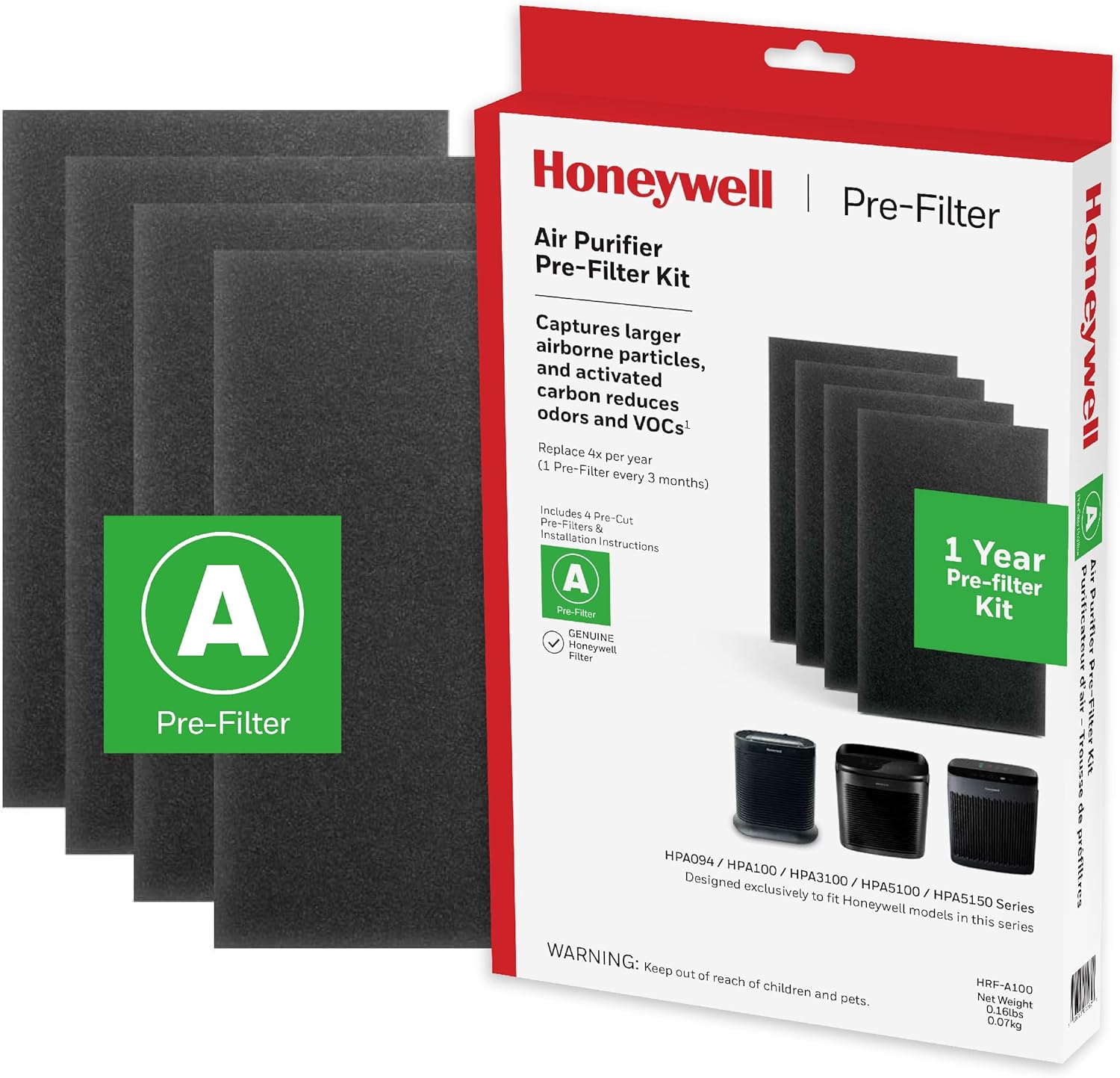 Honeywell HRF-A100 Air Purifier Pre Kit Filter, 4-Pack – Allergen Air Filter Targets Dust, VOC, Pet, Kitchen, and Wildfire/Smoke Odors