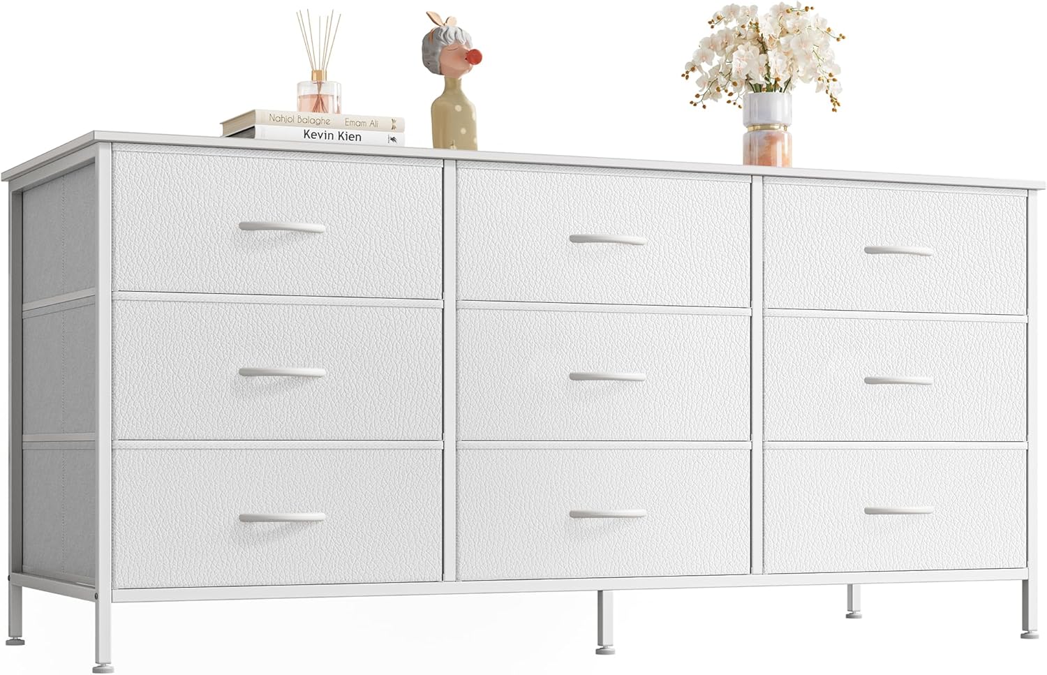 Huuger 9 Drawer Dresser, 47 Inch Dresser TV Stand for 50, 55 Inch TV, Entertainment Center with Drawers, Fabric Dresser Chest of Drawer for Bedroom, Closet, PU Leather Surface, White