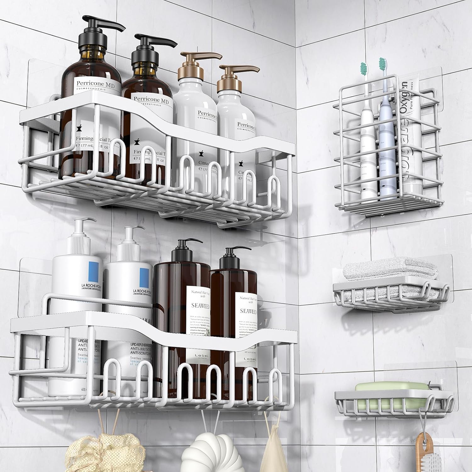 Shower Caddy 5 Pack,Adhesive Shower Organizer for Bathroom Storage&Home Decor&Kitchen,No Drilling,Large Capacity,Rustproof Stainless Steel Bathroom Organizer,Shower Shelves for Inside Shower-Standard