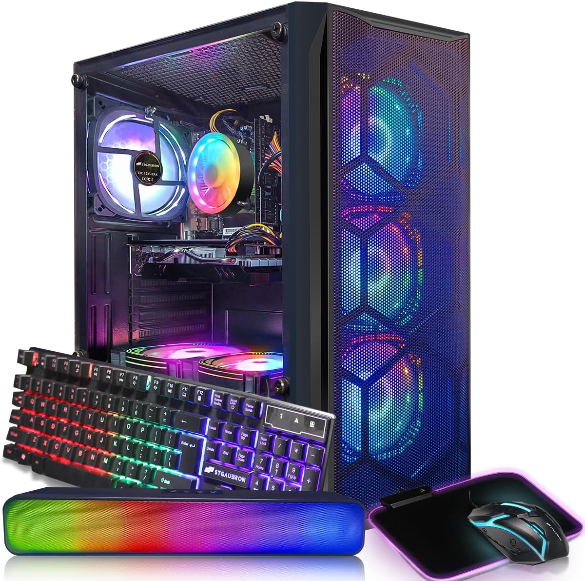 STGAubron Gaming Desktop PC Computer, Intel Core I7 3.4 GHz up to 3.9 GHz, Radeon RX 580 8G GDDR5, 16G RAM, 512G SSD, WiFi, Bluetooth 5.0, RGB Fanx6, RGB Mouse Pad, RGB BT Sound Bar, Windows 10 Home