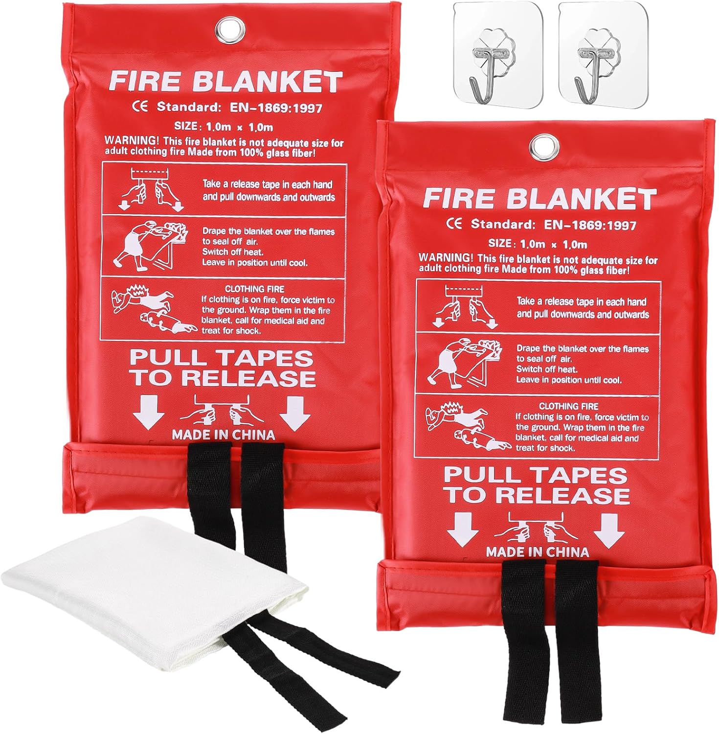 2Pack Emergency Fire Blanket +2 Hooks, Fire Extinguisher Blanket, Fire Suppression Blanket, Flame Retardant Blanket Fire Safety Blanket for Home, Kitchen, Grill, Car, Warehouse(40” x 40”)