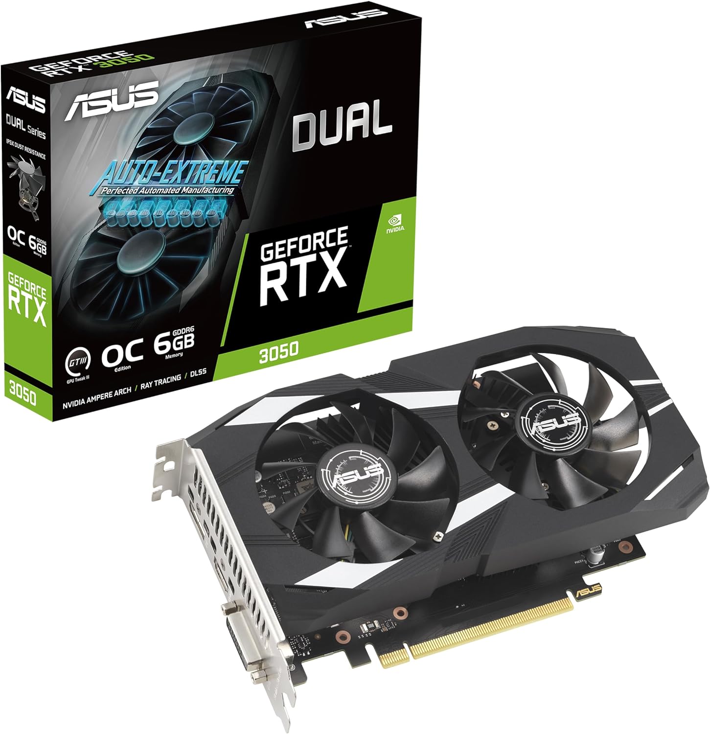 ASUS Dual NVIDIA GeForce RTX 3050 6GB OC Edition Gaming Graphics Card – PCIe 4.0, 6GB GDDR6 Memory, HDMI 2.1, DisplayPort 1.4a, 2-Slot Design, Axial-tech Fan Design, 0dB Technology, Steel Bracket