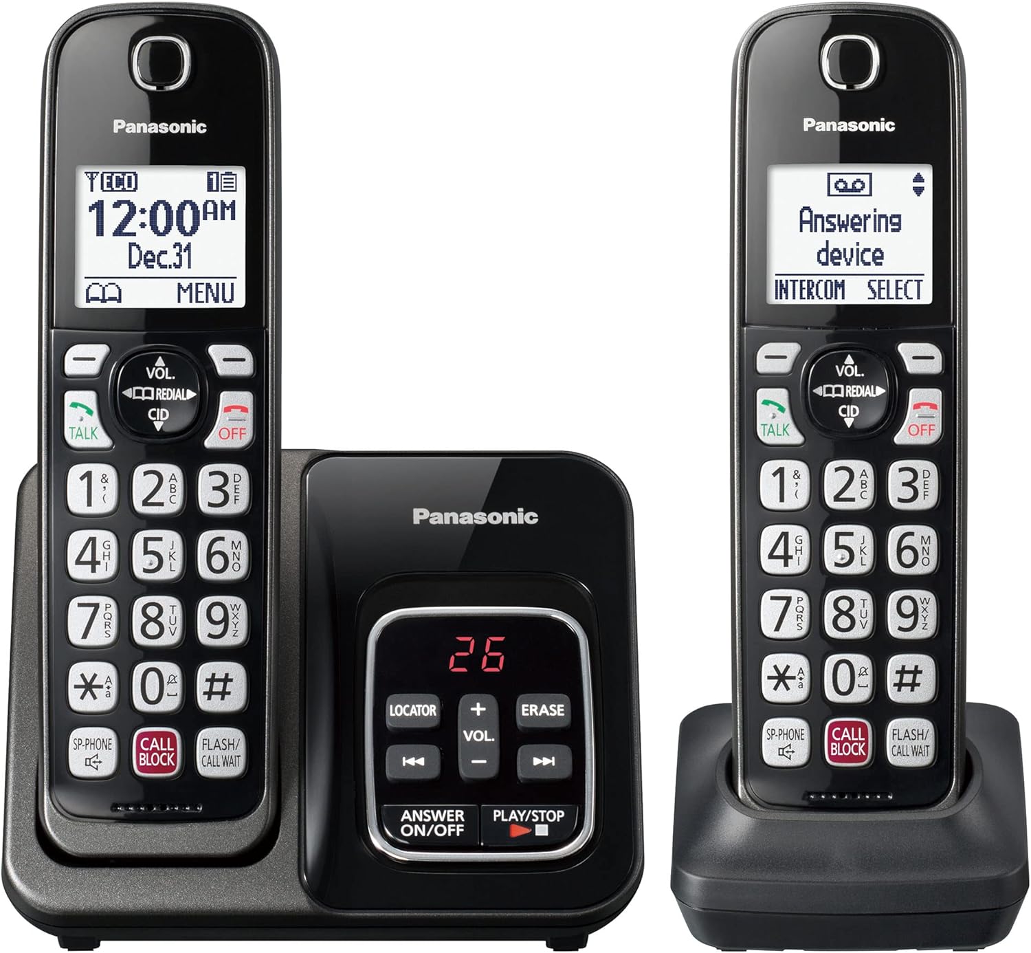 Panasonic Cordless Phone with Answering Machine, Advanced Call Block, Bilingual Caller ID and Easy to Read High-Contrast Display, Expandable System with 2 Handsets – KX-TGD832M (Metallic Black)