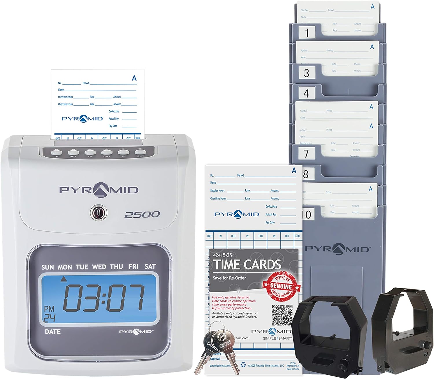 Pyramid Time Systems – Model 2500 Auto Aligning and Top Loading Time Clock [2500K1] Bundle Includes: Time Clock, 100 Time Cards, 2 Ink Ribbon cartridges, one 10 slot time card rack and 2 Security Keys