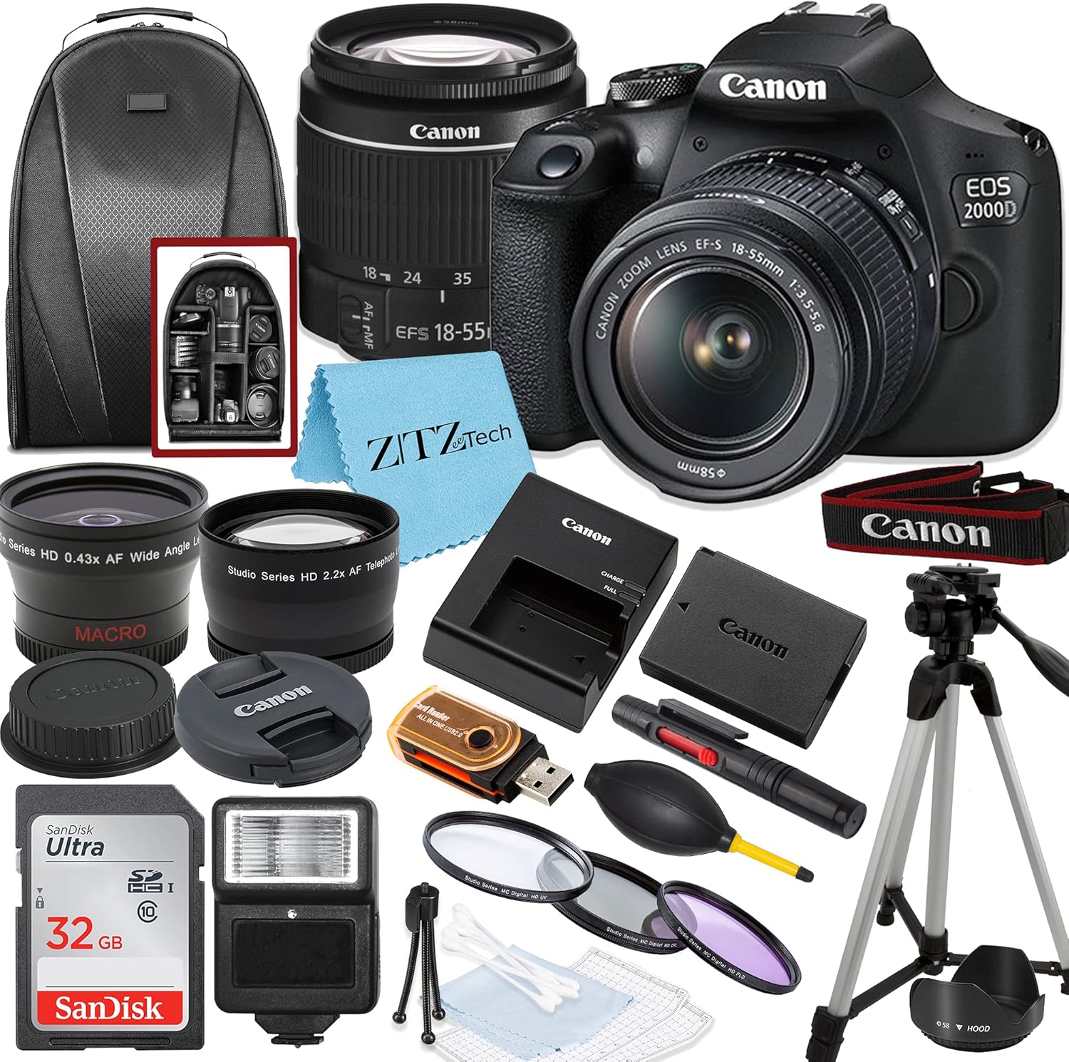 Canon EOS 2000D / Rebel T7 DSLR Camera with EF-S 18-55mm Lens + SanDisk 32GB Card Tripod Case Wideangle Lenses ZeeTech Accessory Bundle (20pc Bundle) (18-55MM, Card) Black (Renewed)