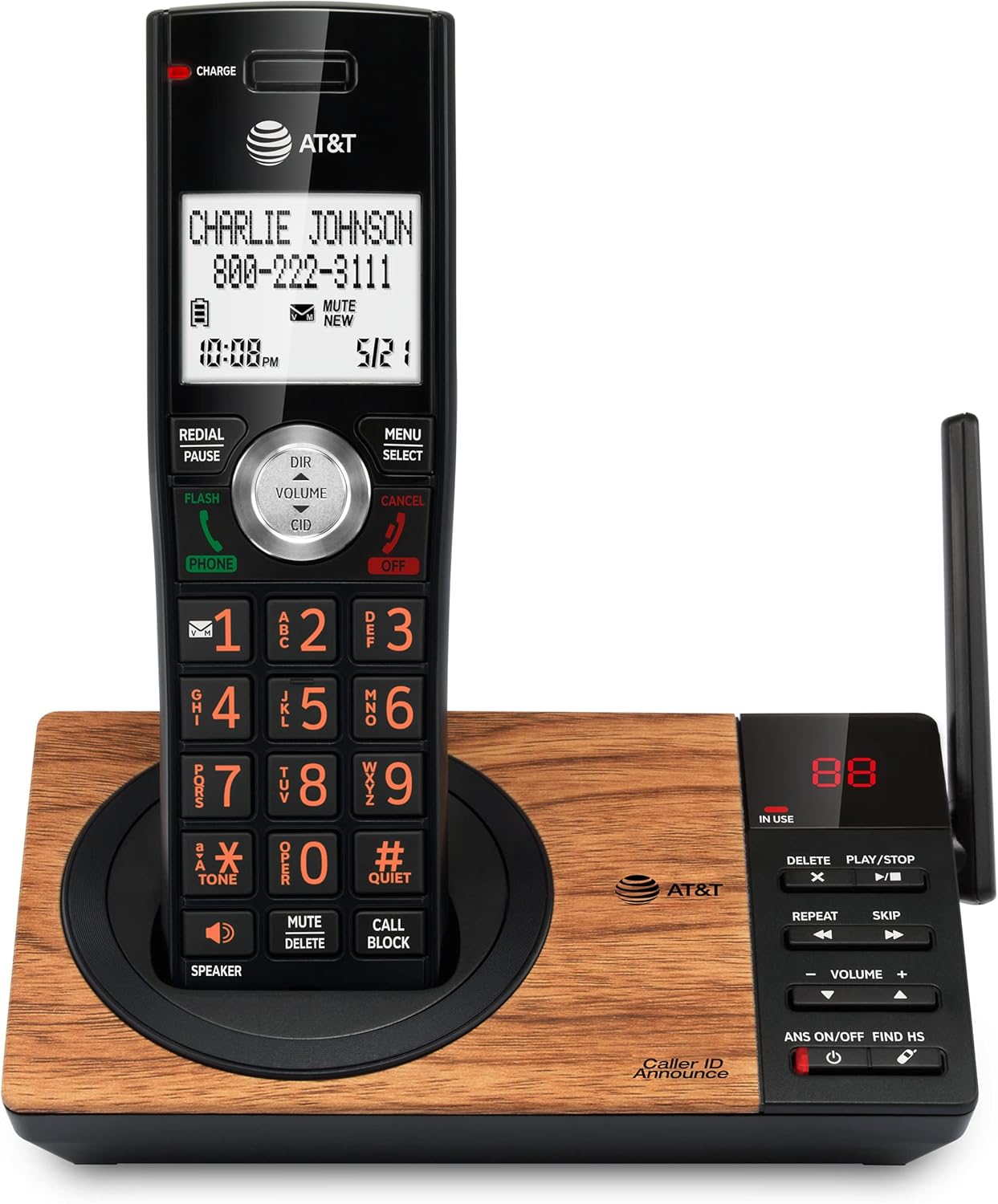 AT&T CL82167 Cordless Phone with Answering Machine, Call Blocking, Caller ID Announcer, Intercom and Long Range, Black & Wood Grain Finish