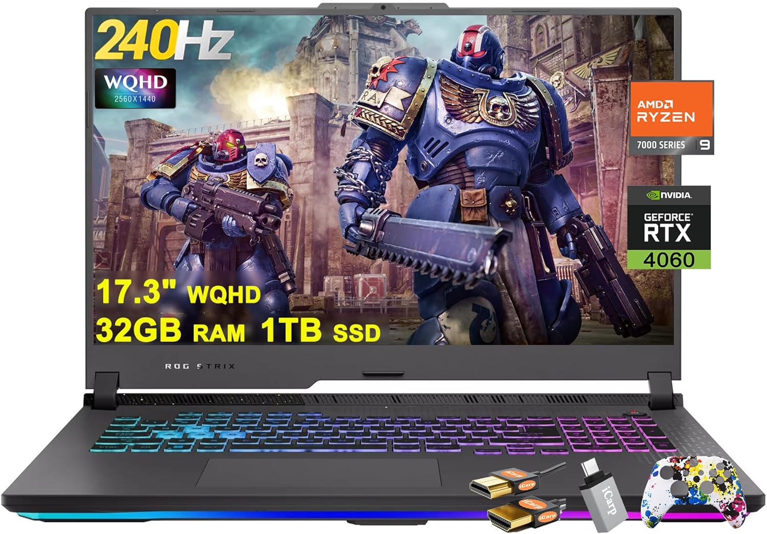 ASUS ROG Strix G17 G713 Gaming Laptop 17.3″ WQHD IPS 240Hz AMD 12-Core Ryzen 9 7845HX (>i9-12900H) 32GB RAM 1TB SSD GeForce RTX 4060 8GB USB-C RGB Backlit Fast Charging Win11 w/ICP Accessory