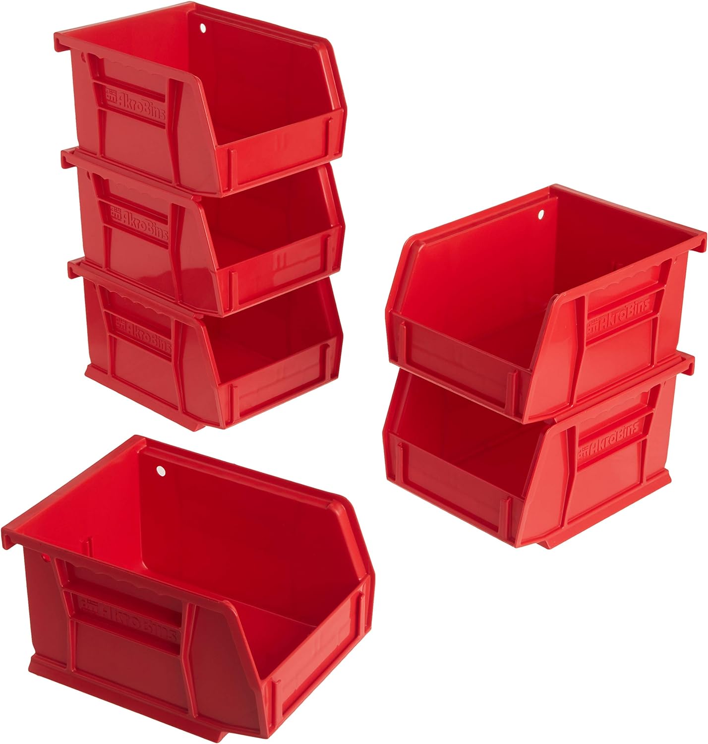 Akro-Mils 30210 AkroBins Plastic Storage Bins, Space-Saving Stackable Bins to use for Garage Organization Bins, Pantry Organization, Craft Storage, 5-Inch x 4-Inch x 3-Inch, Red, 6-Pack