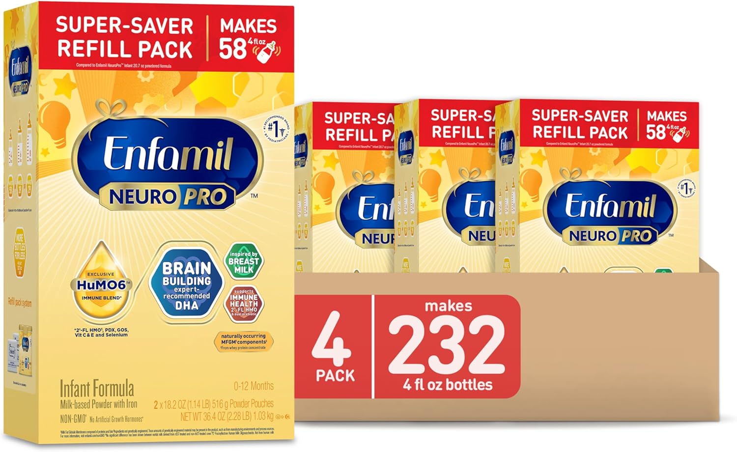 Enfamil NeuroPro Baby Formula, MFGM* 5-Year Benefit, Expert-Recommended Brain-Building Omega-3 DHA, Exclusive Immune Supporting HuMO6 Blend, Infant Formula Powder, Baby Milk, 36.4 Oz (Pack of 4)