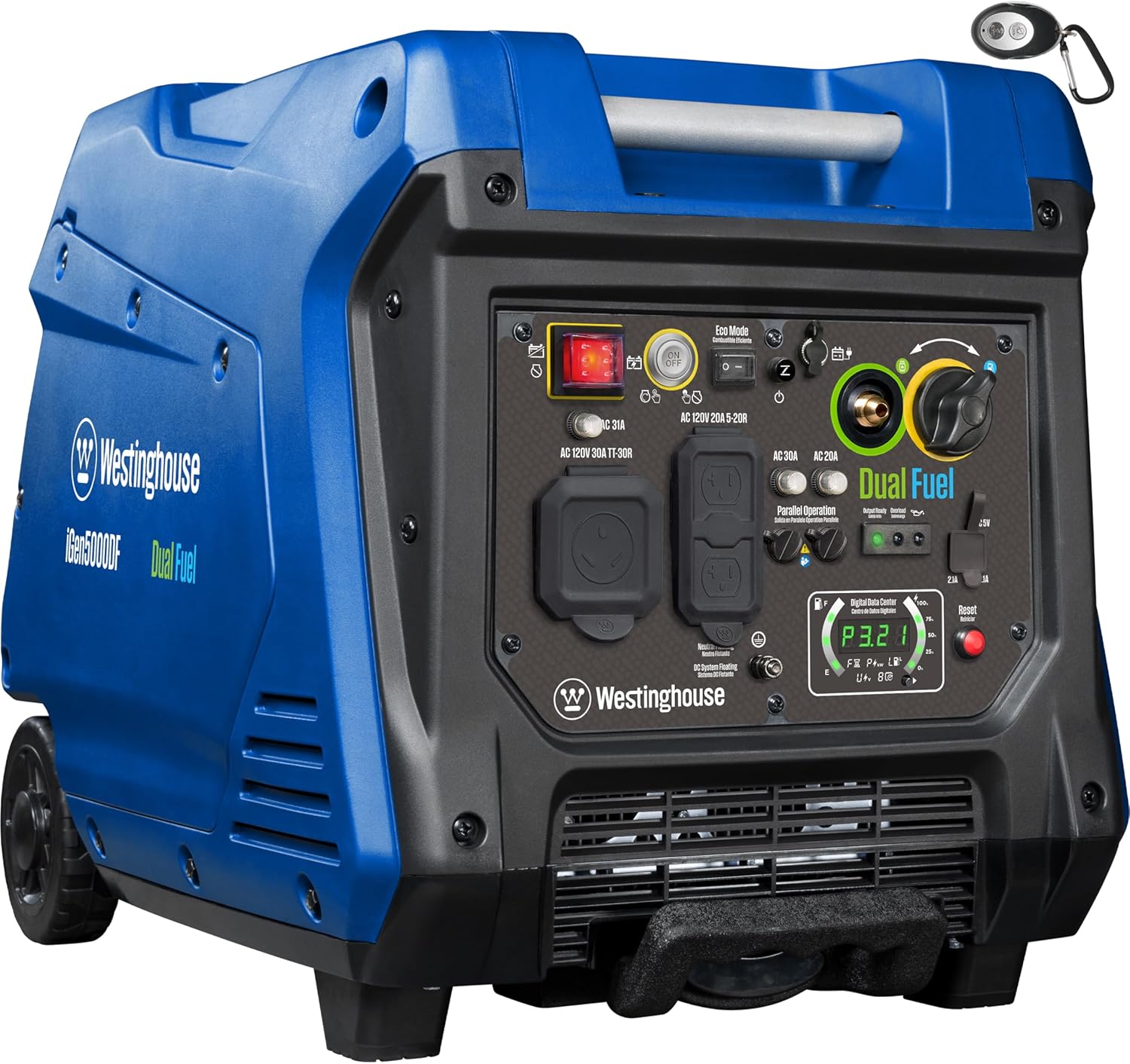 Westinghouse 5000 Peak Watt Super Quiet Dual Fuel Portable Inverter Generator, Remote Electric Start, Gas & Propane Powered, RV Ready 30A Outlet, Parallel Capable,Blue/Black