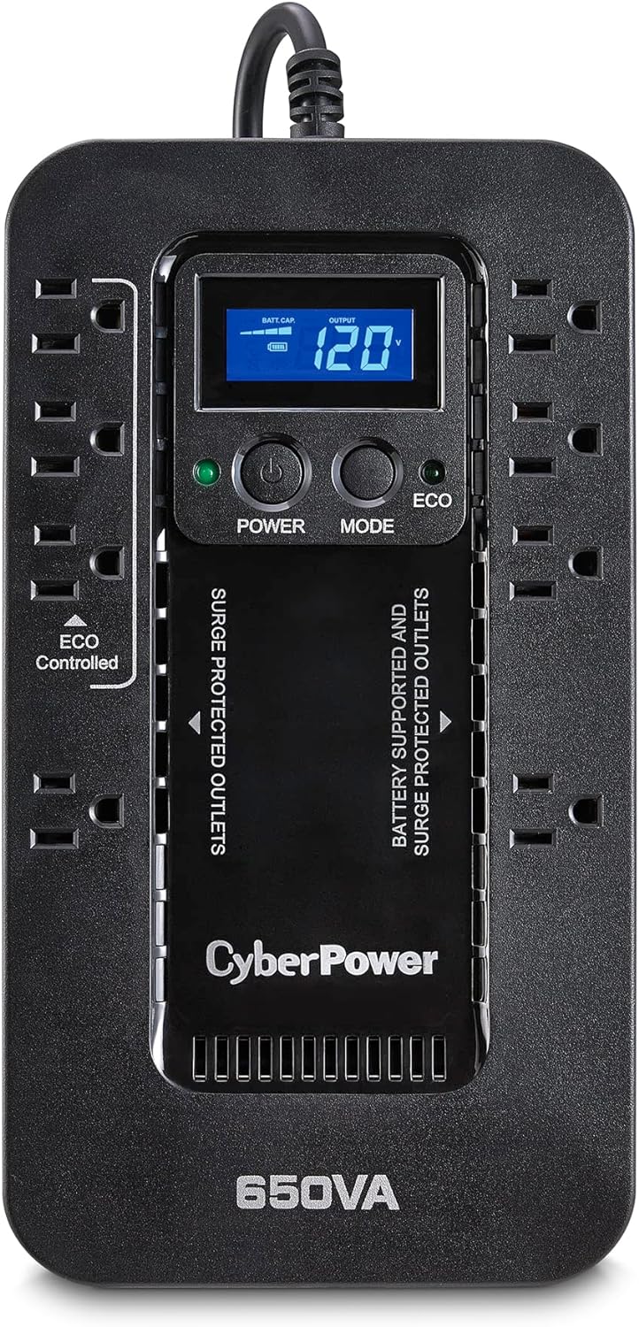 CyberPower EC650LCD Ecologic Battery Backup & Surge Protector UPS System, 650VA/390W, 8 Outlets, ECO Mode, Compact Uninterruptible Power Supply