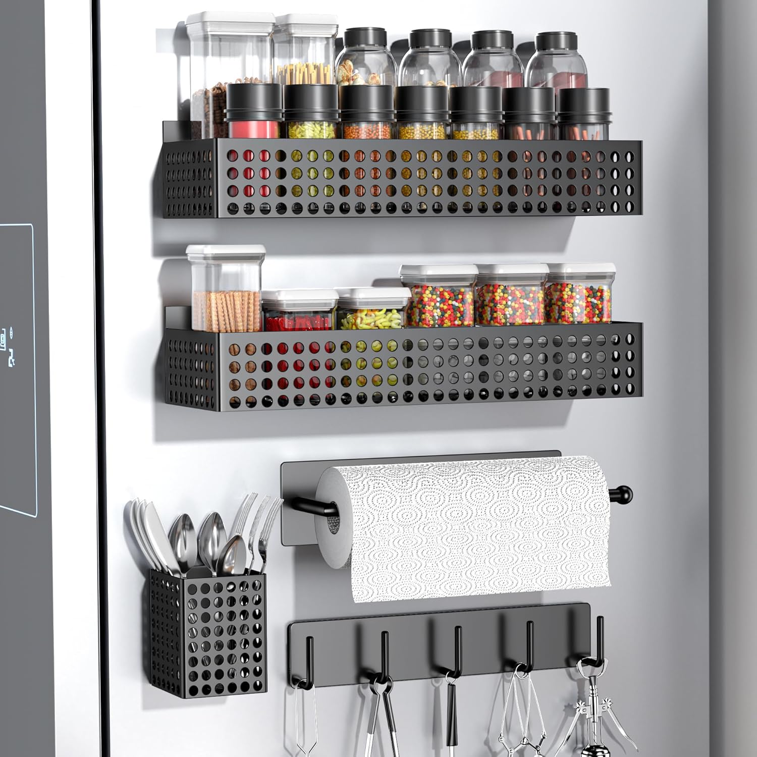 Magnetic Fridge Organizer Set, 5 Pcs, Customizable, Metal Material, Ideal for Storing Spices, Cans, Drinks, Snacks, Kitchen Utensils, and More