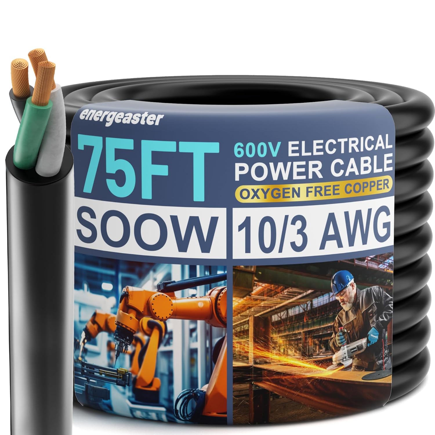 Electric 10/3 SOOW Bulk Cable-10 Gauge 3 Conductor-Rated for 600V, 30A -Water & Oil Resistant Cable for Industrial & Residential Use-Ideal for Generators,Circuits,Data Centers(75 Foot)