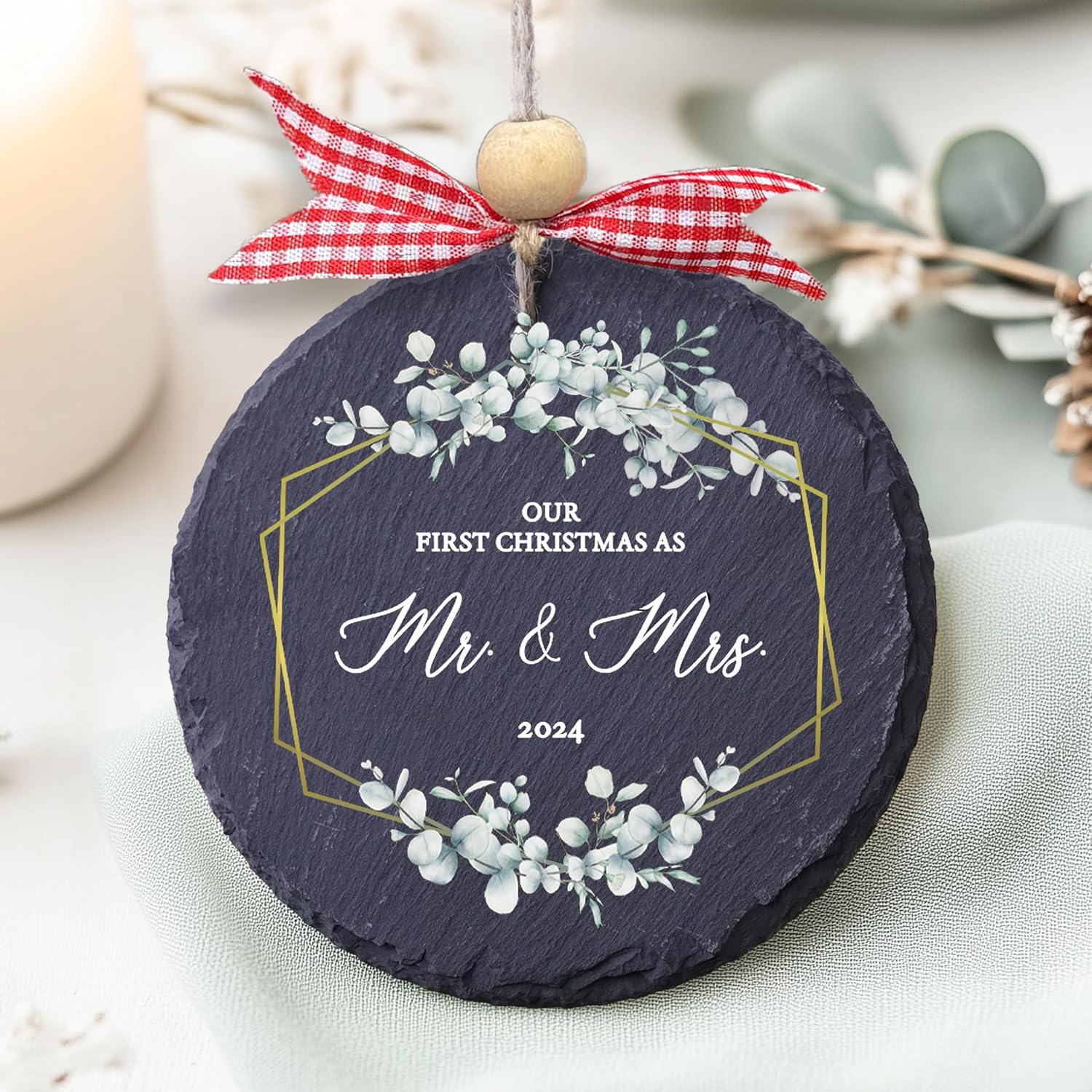 4″ Stone Married Ornament Wedding Marriage Gifts for Couples Our First Christmas as Mr and Mrs Keepsake for Newlywed Just Marry Couples Bridal Shower Bride Groom Xmas Tree Decor NT13