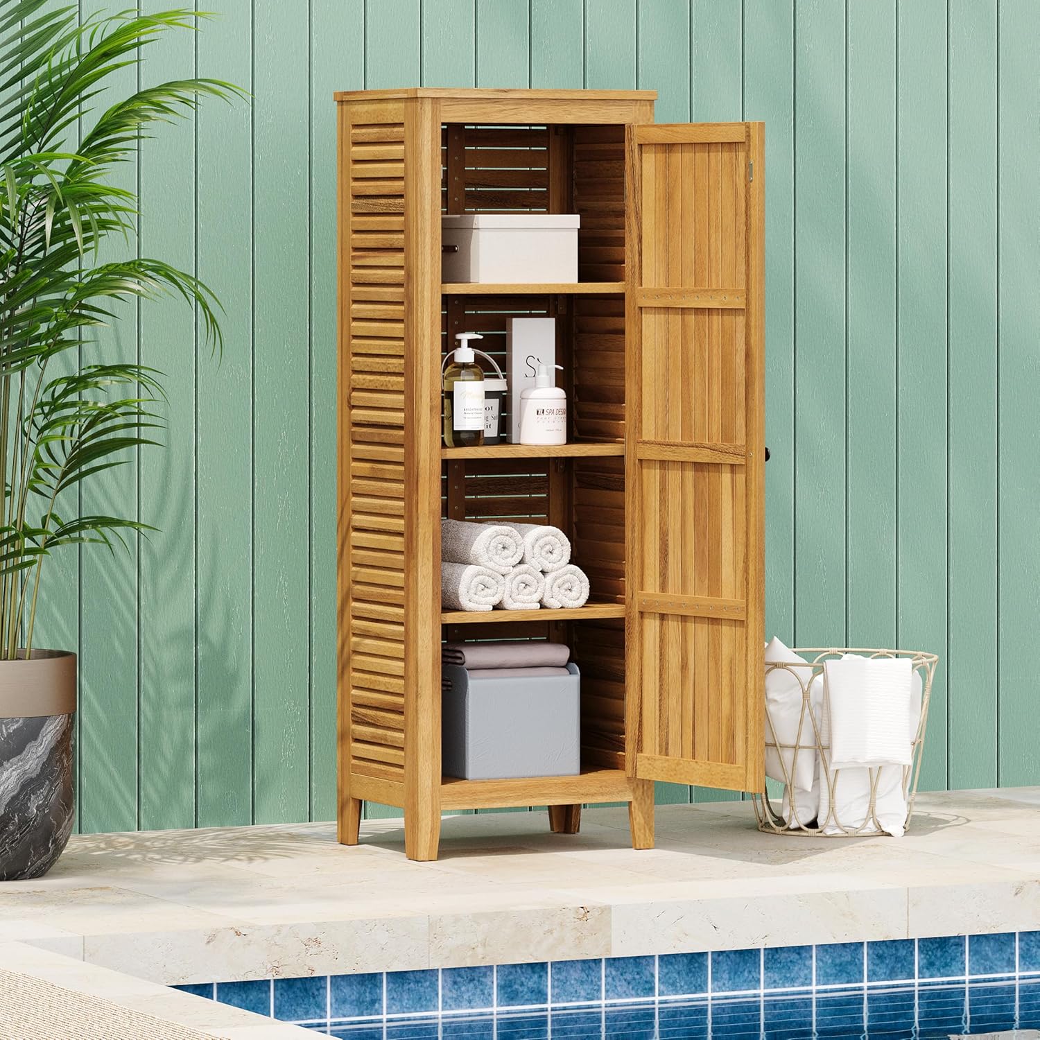 roomfitters Outdoor Acacia Wood Storage Cabinet, Durable and Spacious Organizer for Garden Tools or Pool Toys, Versatile Indoor and Outdoor Use, Easy Assembly and Maintenance, Natural Wood Tone