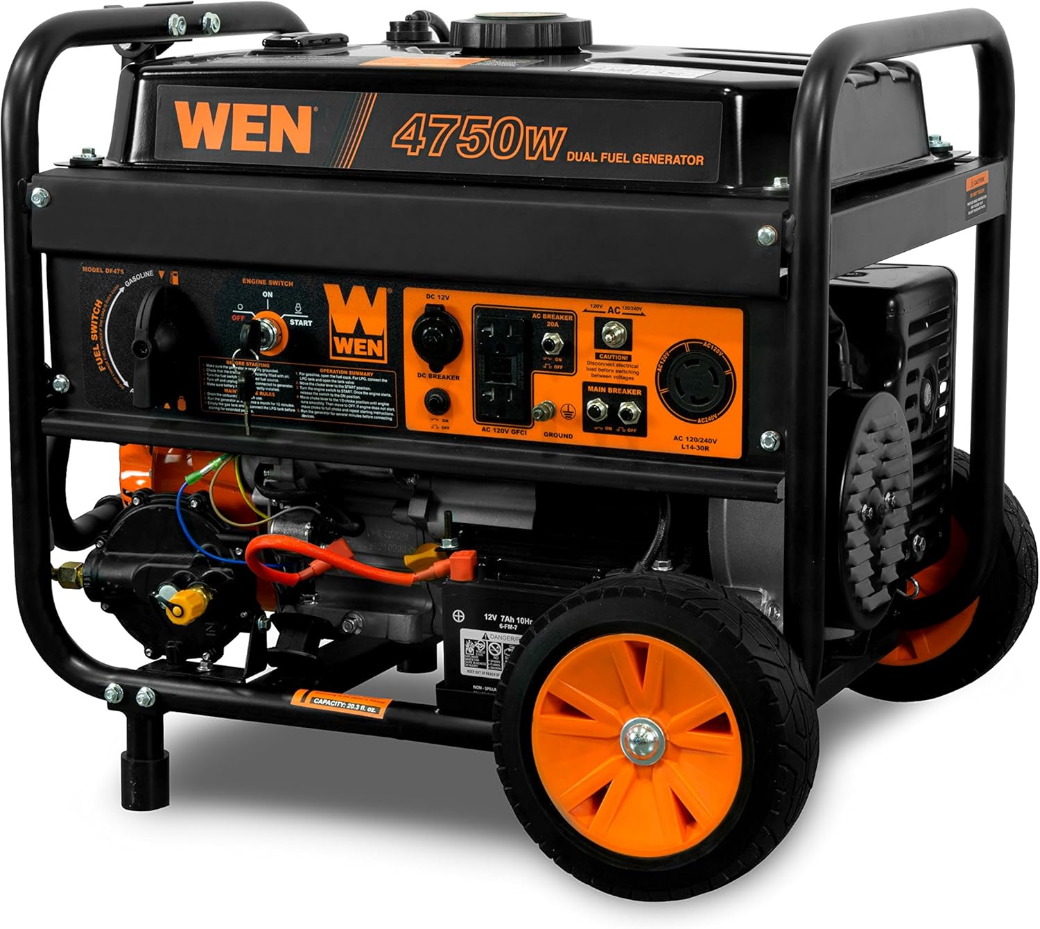 WEN DF475T Dual Fuel 120V/240V Portable Generator with Electric Start Transfer Switch Ready, 4750-Watt, CARB Compliant