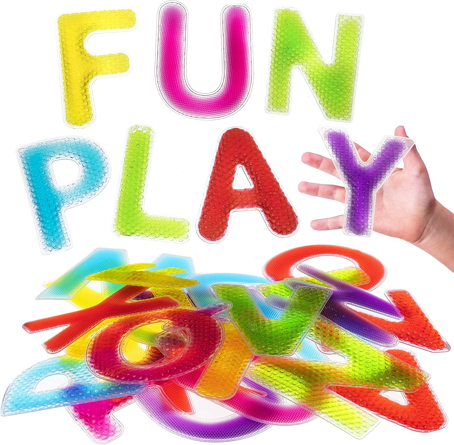 Playlearn 26pc Large Size Sensory Alphabet Letters – Multiple Textures – Gel Filled Tactile Letters – ABC Learning Toy – Light Table Toy