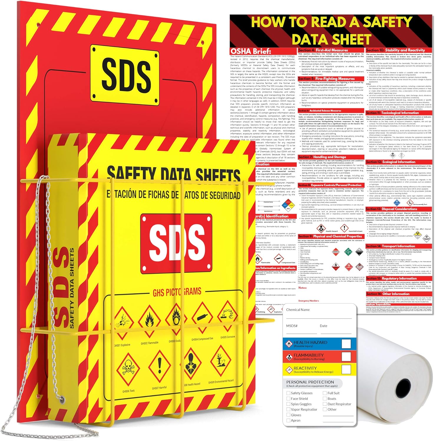 MSDS Wall Station – 3 Inch 3 Ring Material Safety Data Sheet Binder with SDS Wire Rack and Display Sign, Chain, Mounting Hardware, SDS Poster, MSDS Labels – Bilingual Heavy Duty OSHA Yellow Binder