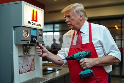 PRESIDENT DONALD TRUMP FIXING THE MCDONALDS ICE CREAM MACHINE 4X6 AI PHOTO