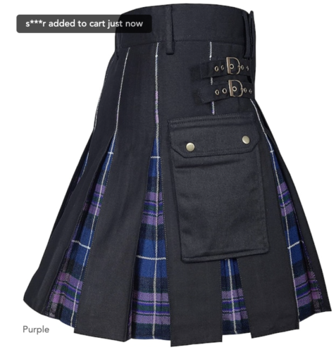 Cloud Utility Kilt Hybrid Pleated Black Purple Tartan Adult Size 38 NEW