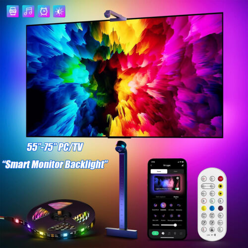 55-75″ TV Backlight With Camera RGBIC LED Fish-eye Strip Light Sync App Room US