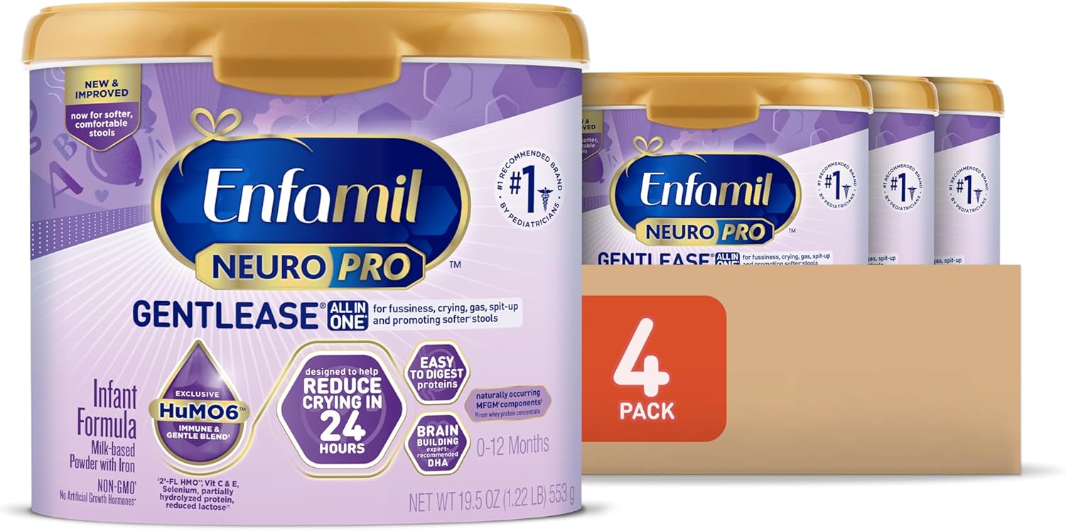 Enfamil NeuroPro Gentlease Baby Formula, Infant Formula Nutrition, Brain Support that has DHA, HuMO6 Immune Blend, Designed to Reduce Fussiness, Crying, Gas & Spit-up in 24 Hrs, has Prebiotics to Promote Softer Stools, Reusable Tubs, 19.5 Oz, (Pack of 4)