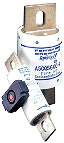 Mersen A50QS Semiconductor Protection Fuse with Bolt-in Mount, 500VAC/DC, 200kA AC/87kA DC, 600 Ampere, 2″ Diameter x 4-15/32″ Length