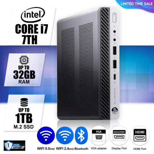 HP Mini Desktop Computer PC i7 7TH, Up to 32GB RAM, 1TB SSD, Windows 10/11, WiFi