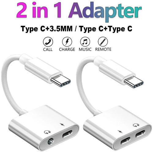 2 in 1 Charger and Headphone USB Type C to 3.5mm Aux Audio Cable Cord Adapter