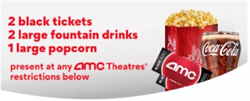 AMC Theaters 2 Black Tickets, 2 Large Drinks, 1 Large Popcorn – E-Delivery Read