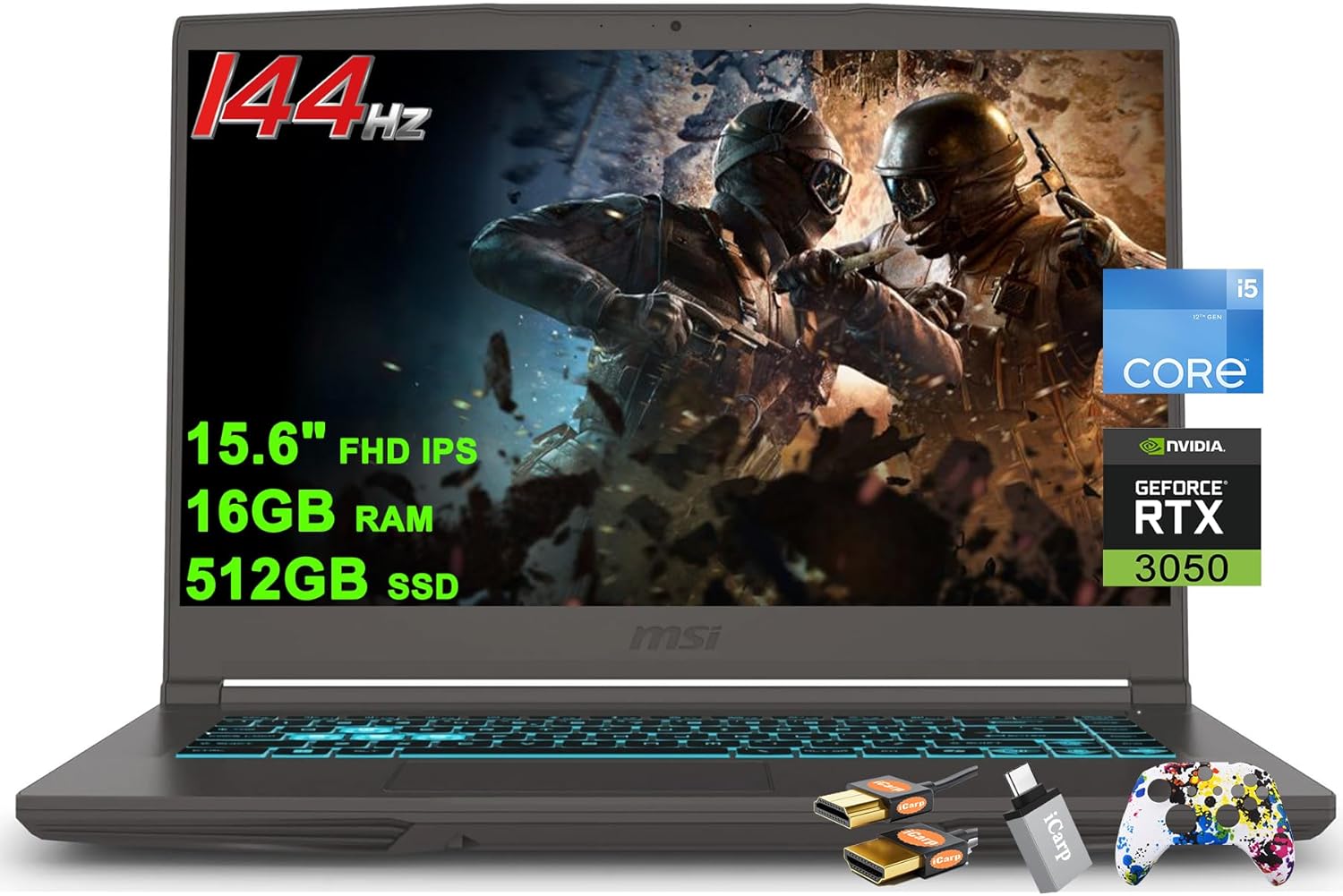 MSI Thin 15 Gaming Laptop 15.6″ FHD IPS 144Hz Intel 8-core i5-12450H (Beat i7-11800H) 16GB RAM 512GB SSD GeForce RTX 3050 Backlit USB-C Win11 w/ICP Accessory