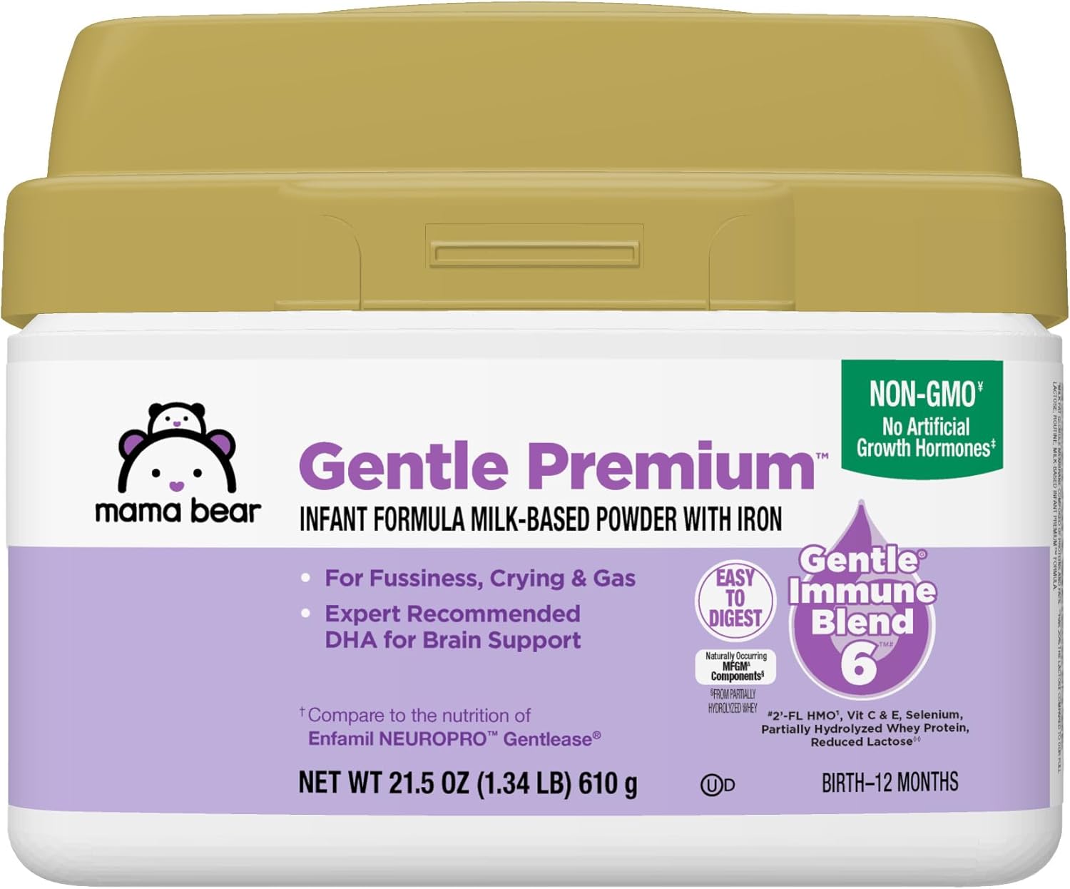 Amazon Brand – Mama Bear Gentle Premium Baby Formula Powder, DHA for Brain Support, Gentle Immune Blend 6, 2’FL HMO, For Fusiness, Crying & Gas, 21.5 oz, 1.34 pound (Pack of 1)