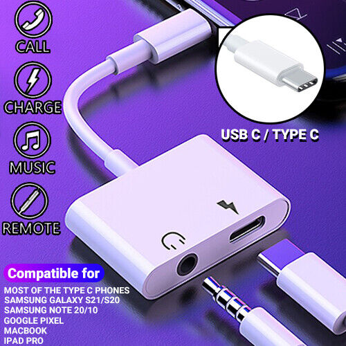 Type-C USB C to 3.5mm Jack Headphone & Charger 2 in 1 Adapter for Samsung Galaxy