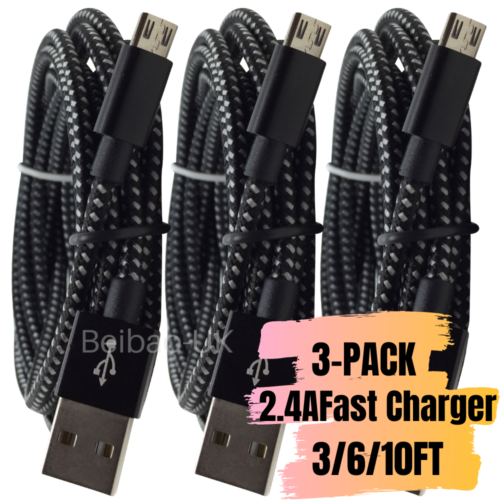 3-Pack Micro USB Cable 3/6/10Ft Fast Charge Cord For Samsung LG Android Charger