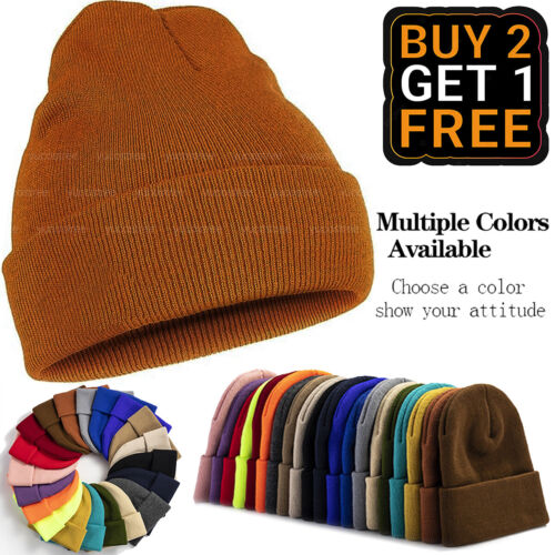 Beanie Hat Cap Plain Knit Ski Skully Cuff Winter Warm Slouchy Men Women Solid CF