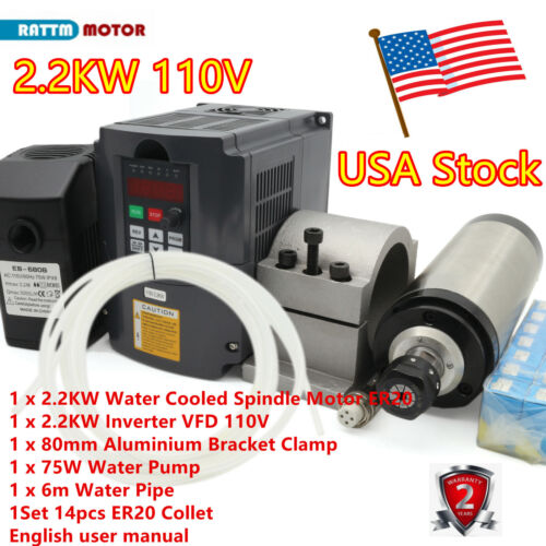 【US】2.2KW Water Cooling Spindle Motor+VFD+Bracket+ 80W Pump+ER20 Collet 110v kit