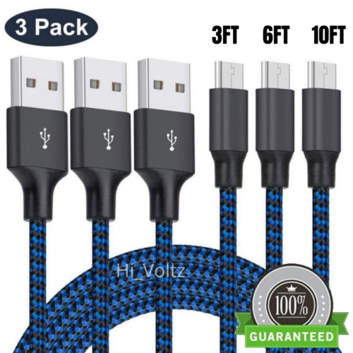 3 Pack 3Ft 6Ft 10Ft Braided Micro USB Cable Fast Charge Android Charger Cord Lot