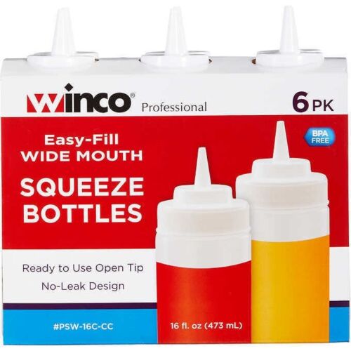 Winco 6-Piece Wide Mouth Squeeze Bottles, 16 Ounce, Clear Plastic construction