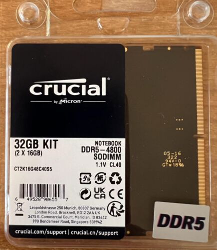 Crucial 32GB Kit (2x 16GB) DDR5 4800  PC5-38400  SODIMM Memory CT2K16G48C40S5