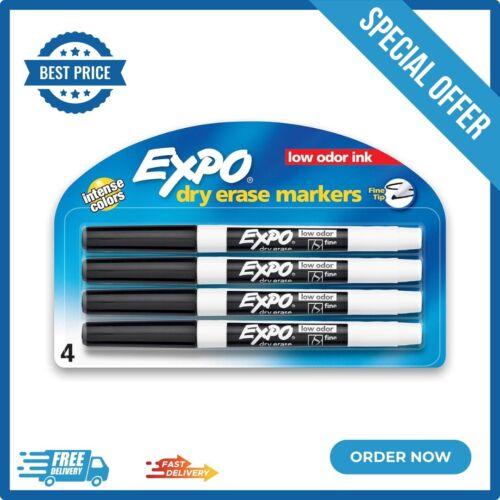 ****EXPO Low Odor Ink, Dry Erase Markers, Fine Tip, Black, quality, 4 Count*****