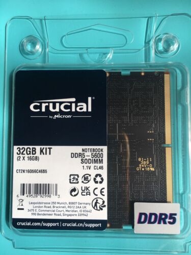 Crucial 32GB Kit 2x16GB 262-Pin DDR5 5600 PC5 44800 Laptop Memory CT2K16G56C46S5