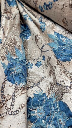 Turquoise Floral Gold Brocade Fabric 57” Width Fabric Sold By The Yard BEIGE