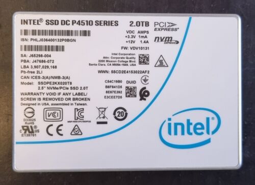 Intel DC P4510 1TB NVMe PCIe 3.1×4 3D TLC 2.5″ 15mm SSD SSDPE2KX010T8